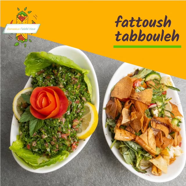 Frische Salate Tabbouleh und Fattoush auf dem Damaskus Instagram-Profil